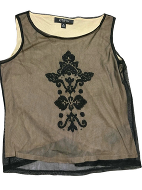 VTG Y2K Kasper Women's Black Mesh Overlay Tank Top with Embroidered Motif